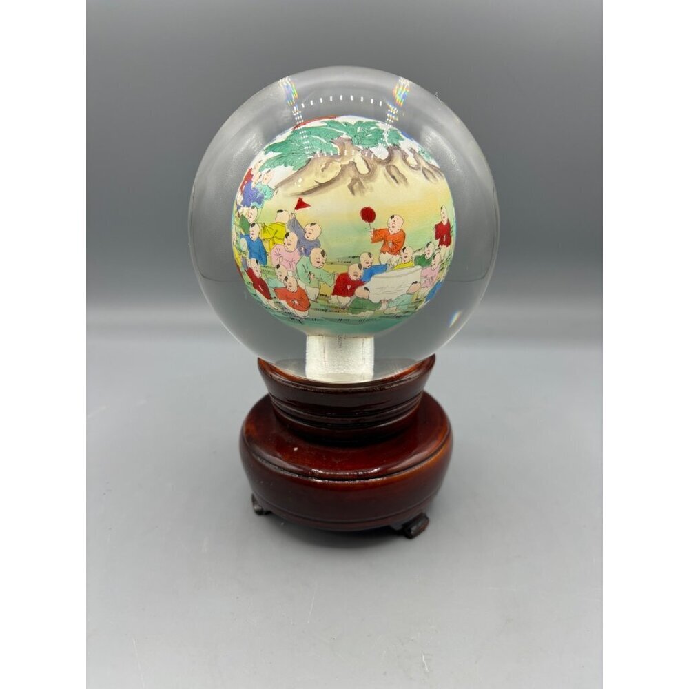 Vtg Reverse Hand Painted‎ Glass Globe Wooden Stand Hundred Children Chinese